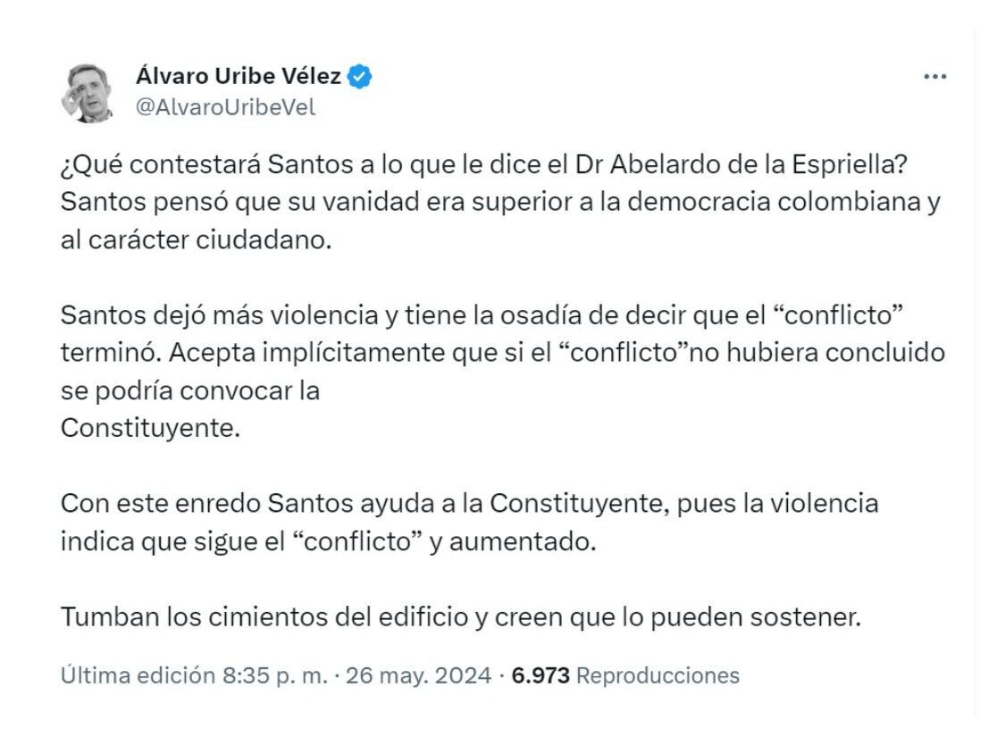 Álvaro Uribe y sus pullas a Juan Manuel Santos