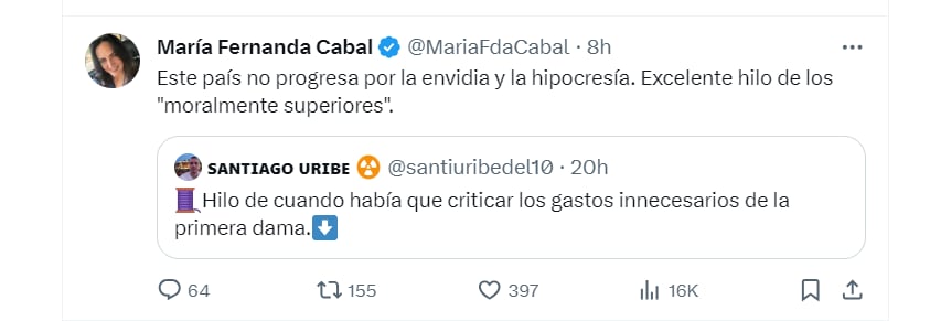 Cuestionamiento a los petristas por parte de la congresista Cabal - créditos @MariaFdaCabal/X