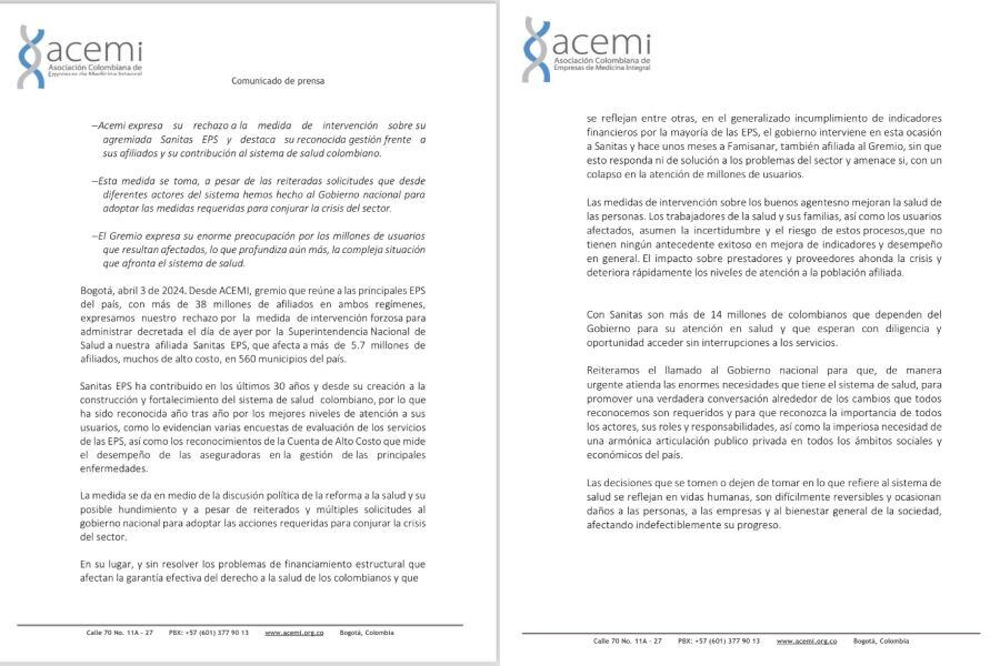 El gremio de las aseguradoras rechazó la intervención de la Superintendencia de Salud en Sanitas