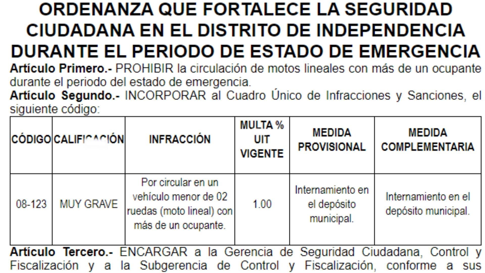 Este es un extracto de la ordenza que fortalece la seguridad ciudadana en el distrito de Independencia durante el estado de emergencia.