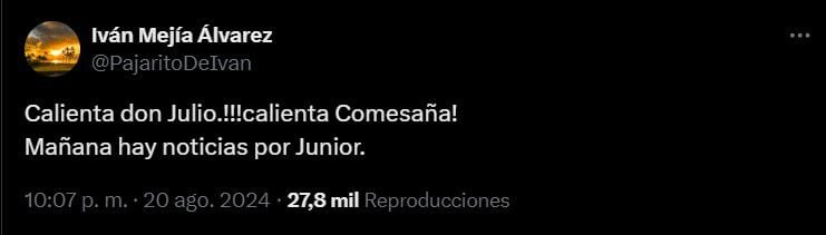 Julio Comesaña volvería a sonar en Junior de Barranquilla, según Iván Mejía - crédito @PajaritoDeIvan/X