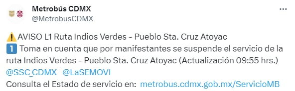 Se sugiere a los usuarios tomar precauciones o buscar alternativas viales para evitar retrasos.
Foto: TW MB CDMX