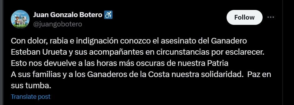 Camioneta de Esteban Urueta, ganadero secuestrado, fue hallada en Córdoba - crédito @juangobotero/X