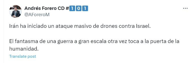 Andrés Forero rechazó el ataque de Irán contra Israel - crédito @AForeroM/X