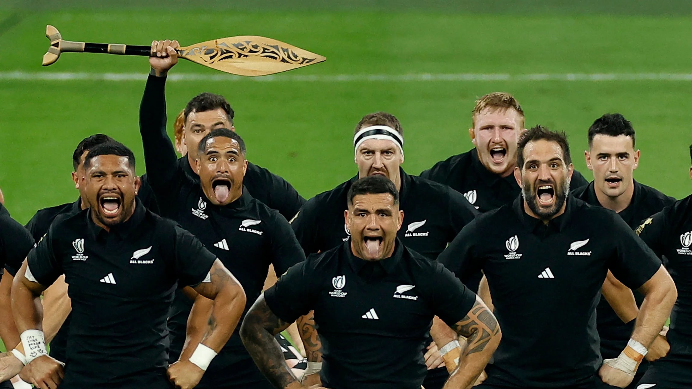 Rugby Union - Rugby World Cup 2023 - Pool A - France v New Zealand - Stade de France, Saint-Denis, France - September 8, 2023 New Zealand players perform the Haka before the match REUTERS/Christian Hartmann