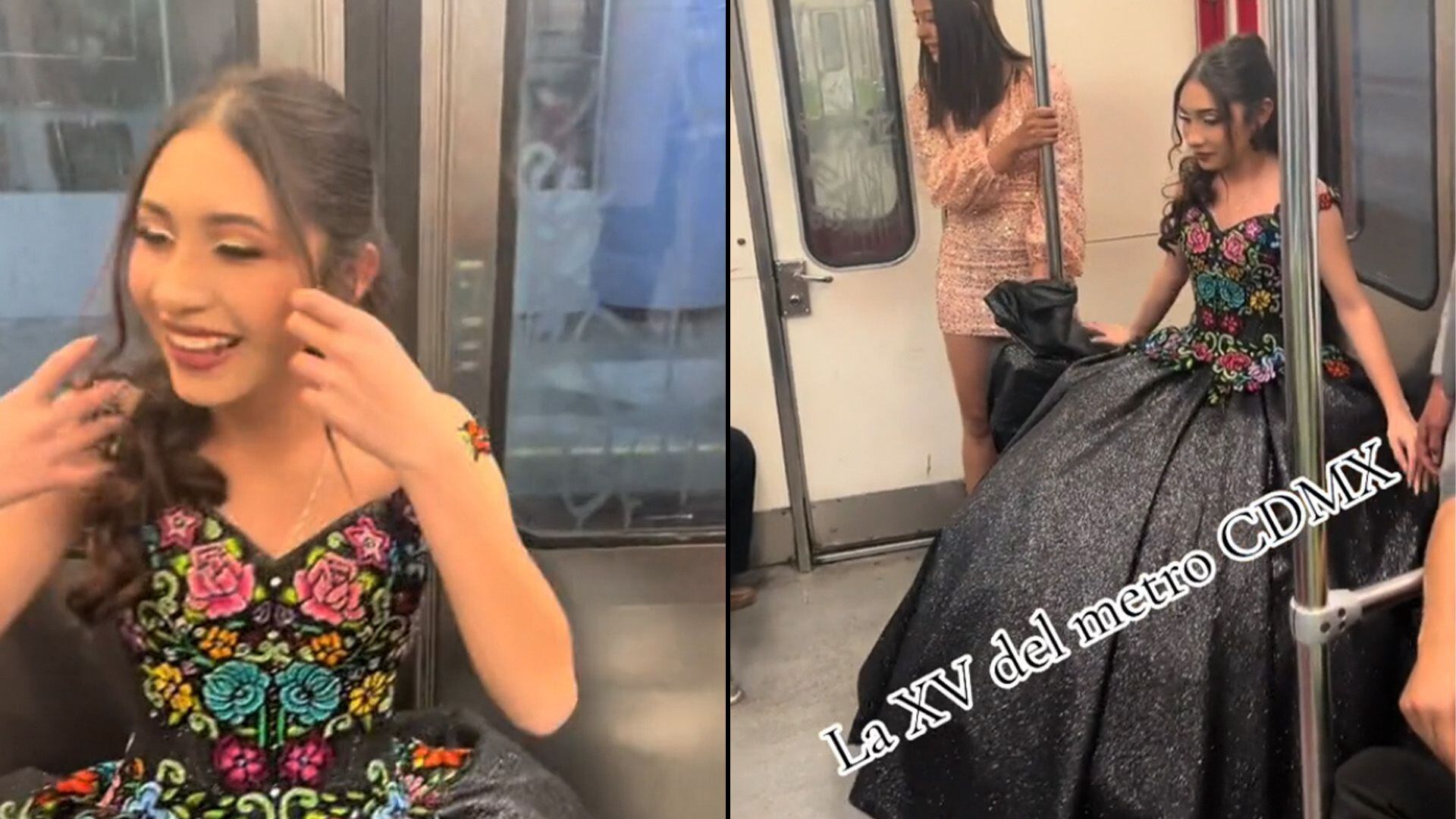 Viajando en la Línea 8 en compañía de su familia, la quinceañera se viralizó en TikTok y otras redes con su elegante vestido negro. XV Años, Metro CDMX