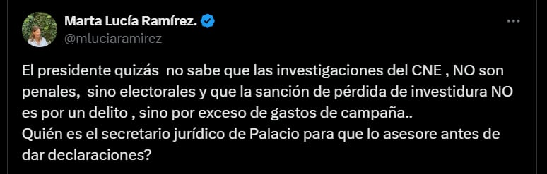 Crítica de Marta Lucía Ramírez hacia el presidente Gustavo Petro - crédito @mluciaramirez/X