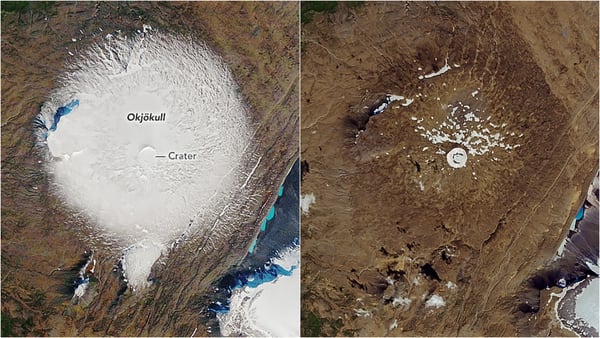 ImÃ¡genes de satÃ©lite de la NASA del glaciar Ok en septiembre de 1986 (izquierda.) y el pasado 1 de agosto. (AFP)