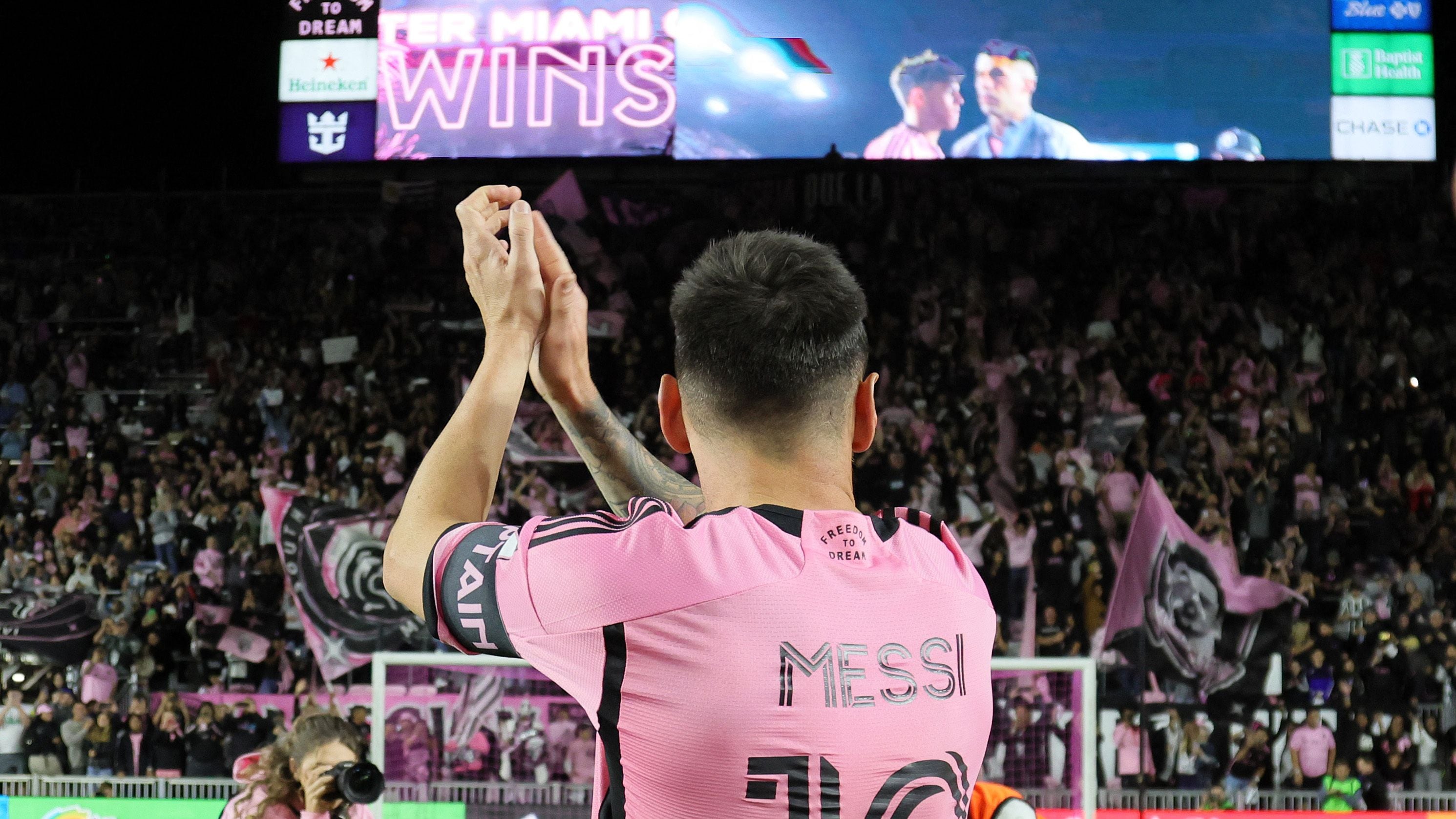 Feb 21, 2024; Fort Lauderdale, Florida, USA; Inter Miami CF forward Lionel Messi (10) reacts after the game against Real Salt Lake at Chase Stadium. Mandatory Credit: Sam Navarro-USA TODAY Sports