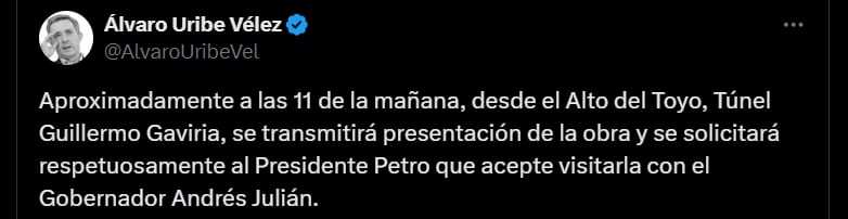 Invitación de Álvaro Uribe a Gustavo Petro sobre los proyectos en Antioquia - crédito @AlvaroUribeVel/X