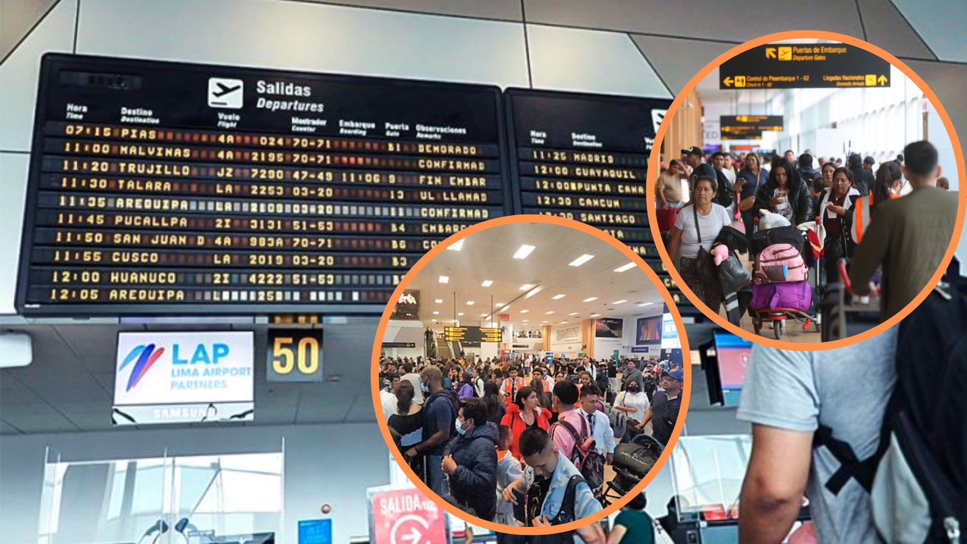 La falla en el sistema de luces del Aeropuerto Jorge Chávez ha generado incertidumbre y frustración entre pasajeros y sus familias, con vuelos redirigidos y retrasados. (Composición: Infobae / Andina / El Peruano)