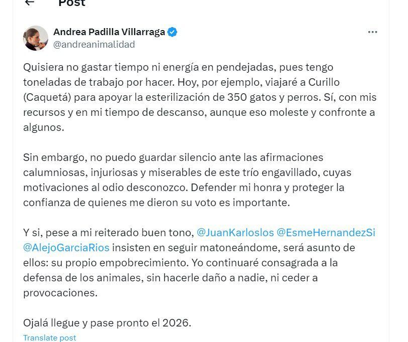 Andrea Padilla dice que compañeros congresistas suyos "le hacen matoneo" - crédito @andreanimalidad