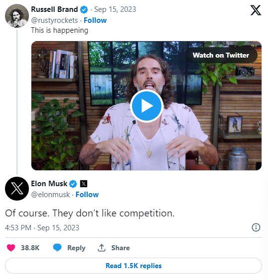 Elon Musk apoya la teoría de Russell Brand de que los medios fueron los que crearon estas acusaciones 
Foto: X/@rustyrockets