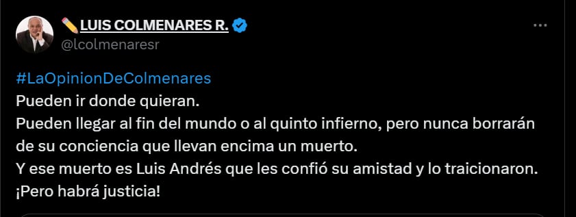 Papá de Luis Andrés Colmenares se pronuncia contra presuntos responsables de muerte del joven - crédito @lcolmenaresr