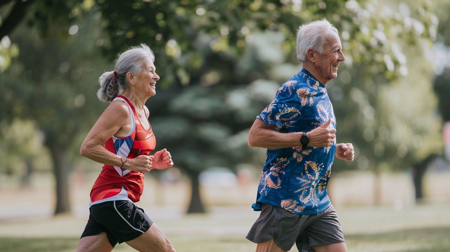 Pareja de ancianos activos disfrutando de una sesión de trote en un entorno verde y natural, evidenciando su compromiso con un estilo de vida saludable y la actividad física regular. Su elección de correr como parte de su rutina diaria subraya la conexión entre el bienestar físico y la longevidad, resaltando la importancia de mantenerse en forma y cuidarse mutuamente en la tercera edad. (Imagen ilustrativa Infobae)