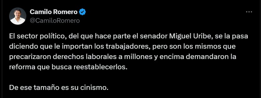 Camilo Romero y sus cuestionamientos a Miguel Uribe Turbay - crédito @CamiloRomero