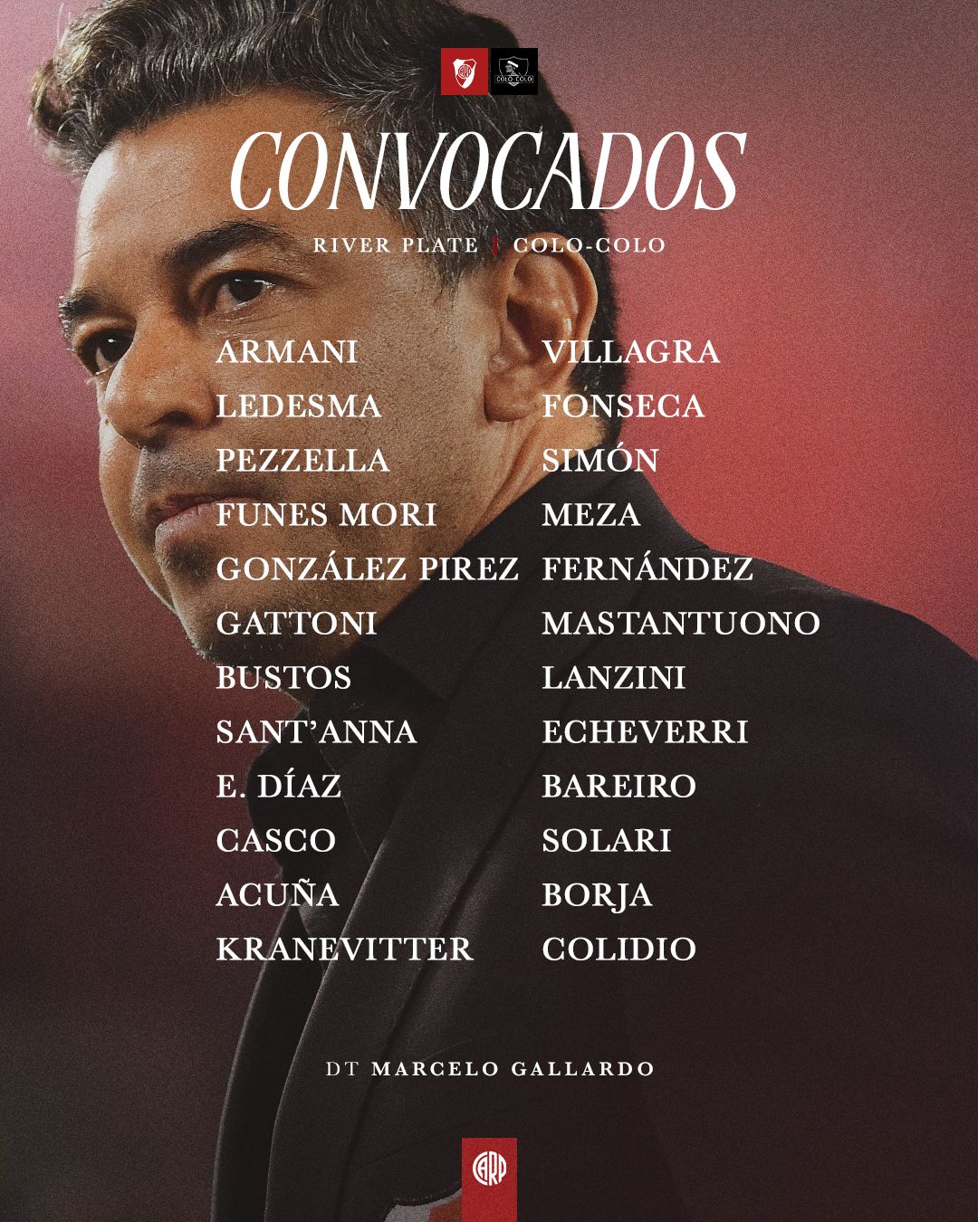 La lista de convocados de River para jugar contra Colo Colo.