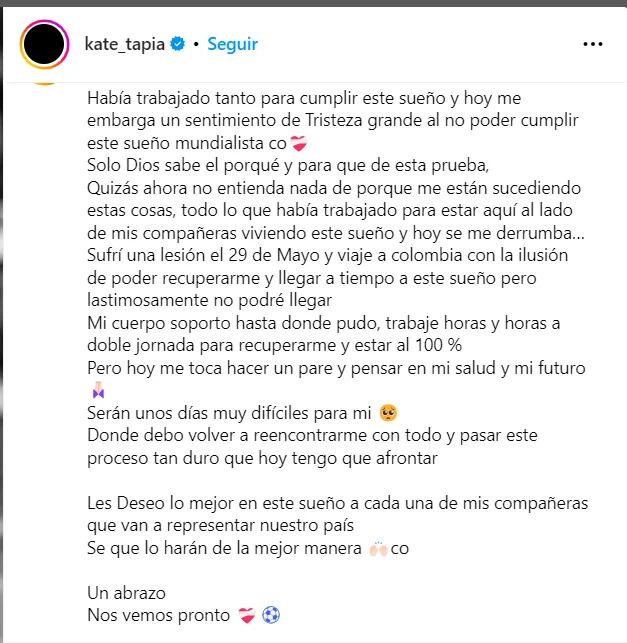 Mensaje de Katherine Tapia tras la lesión que le impide disputar la Copa Mundial de la FIFA