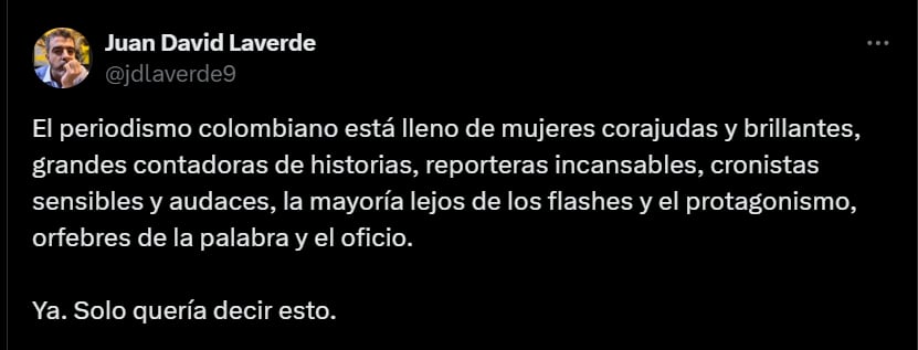 Juan David Laverde defiende a las periodistas colombianas - crédito @jdlaverde9/X