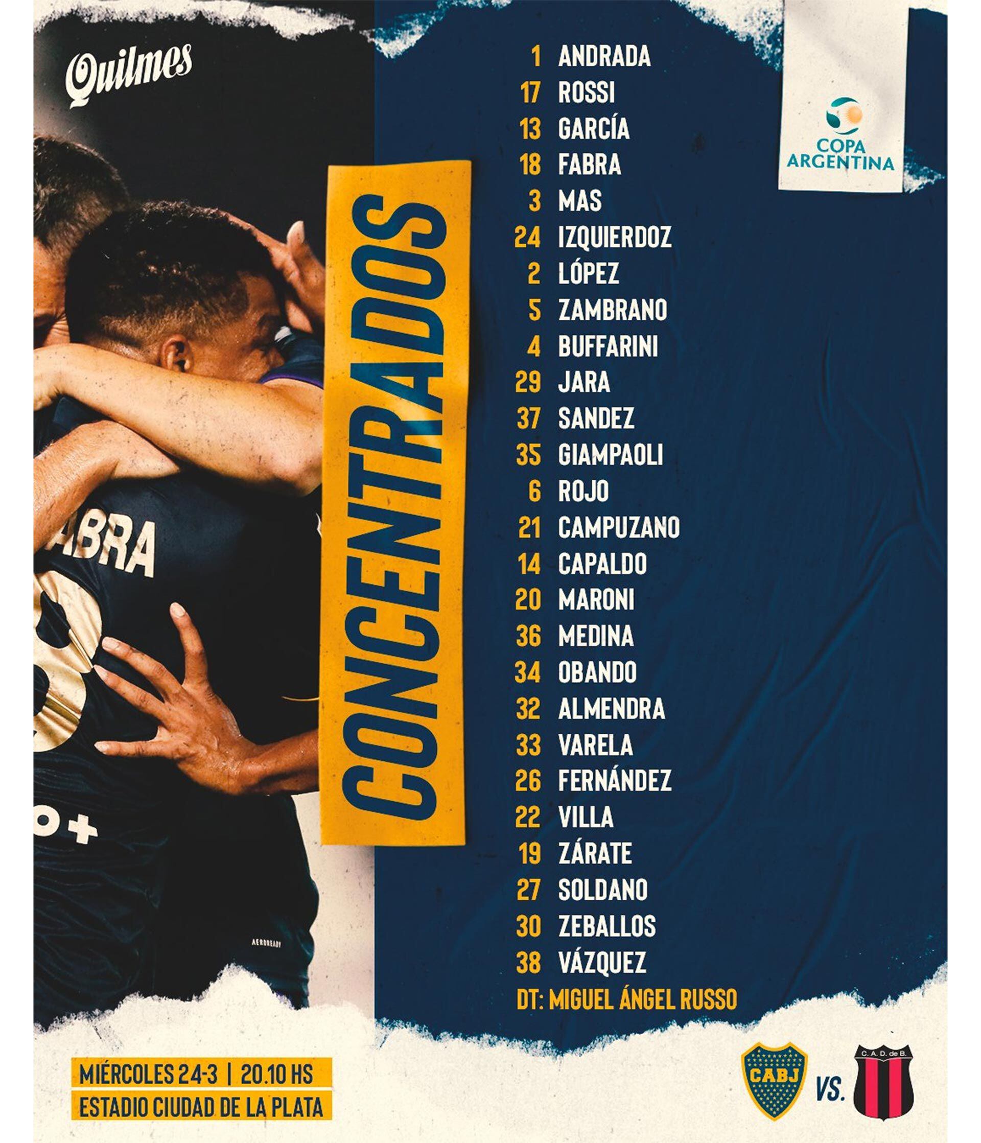 Lista concentrados de Boca vs Defensores de Belgrano