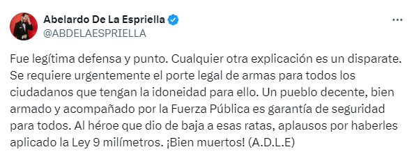 Abelardo de la Espriella propuso porte de armas legal en Colombia - crédito @ABDELAESPRIELLA/X