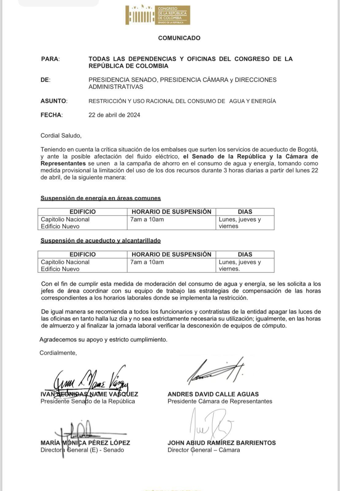 Congreso definió horarios y sedes en las que tendrá racionamiento de agua y energía