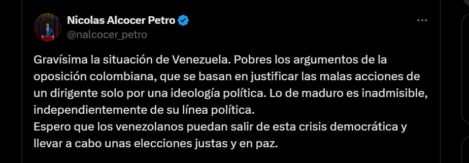 Las críticas de Nicolás Petro a la reelección de Maduro en Venezuela - crédito @nalcocer_petro