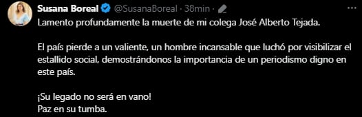 La representante Susana Boreal lamentó la muerte de su colega Jose Alberto Tejada - crédito @Susana Boreal / X