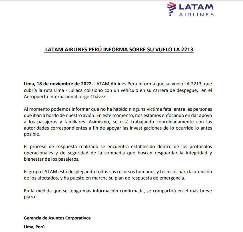 Comunicado de Latam sobre accidente en el Aeropuerto Jorge Chávez de Lima