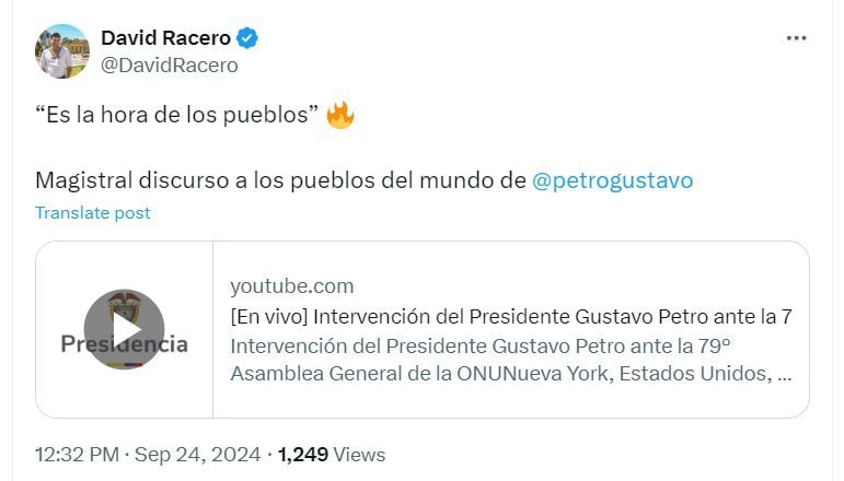 El representante calificó de magistral la intervención del presidente Gustavo Petro - crédito @DavidRacero/X