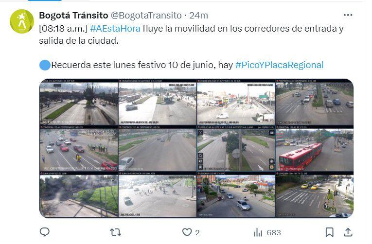 El lunes festivo 10 de junio hay Pico y placa regional - crédito @BogotaTransito