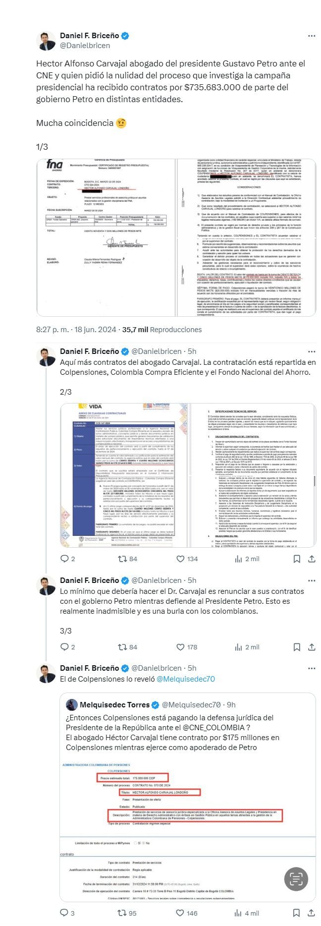 Trino de Daniel Briceño sobre la que sería la contratación con el Estado del abogado del presidente Petro. (Crédito: @Danielbricen / X)