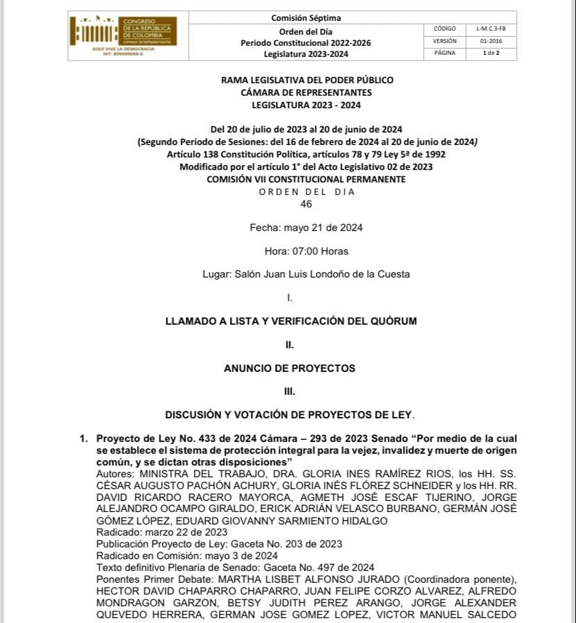 Orden del Día planeado para el tercer debate de la Reforma Pensional - crédito Congreso de la República