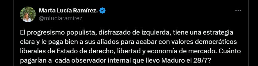 La exvicepresidenta Marta Lucía Ramírez cuestionó si el Gobierno de Venezuela pagó a observadores internacionales en las elecciones del 28 de julio - crédito @mluciaramirez/X