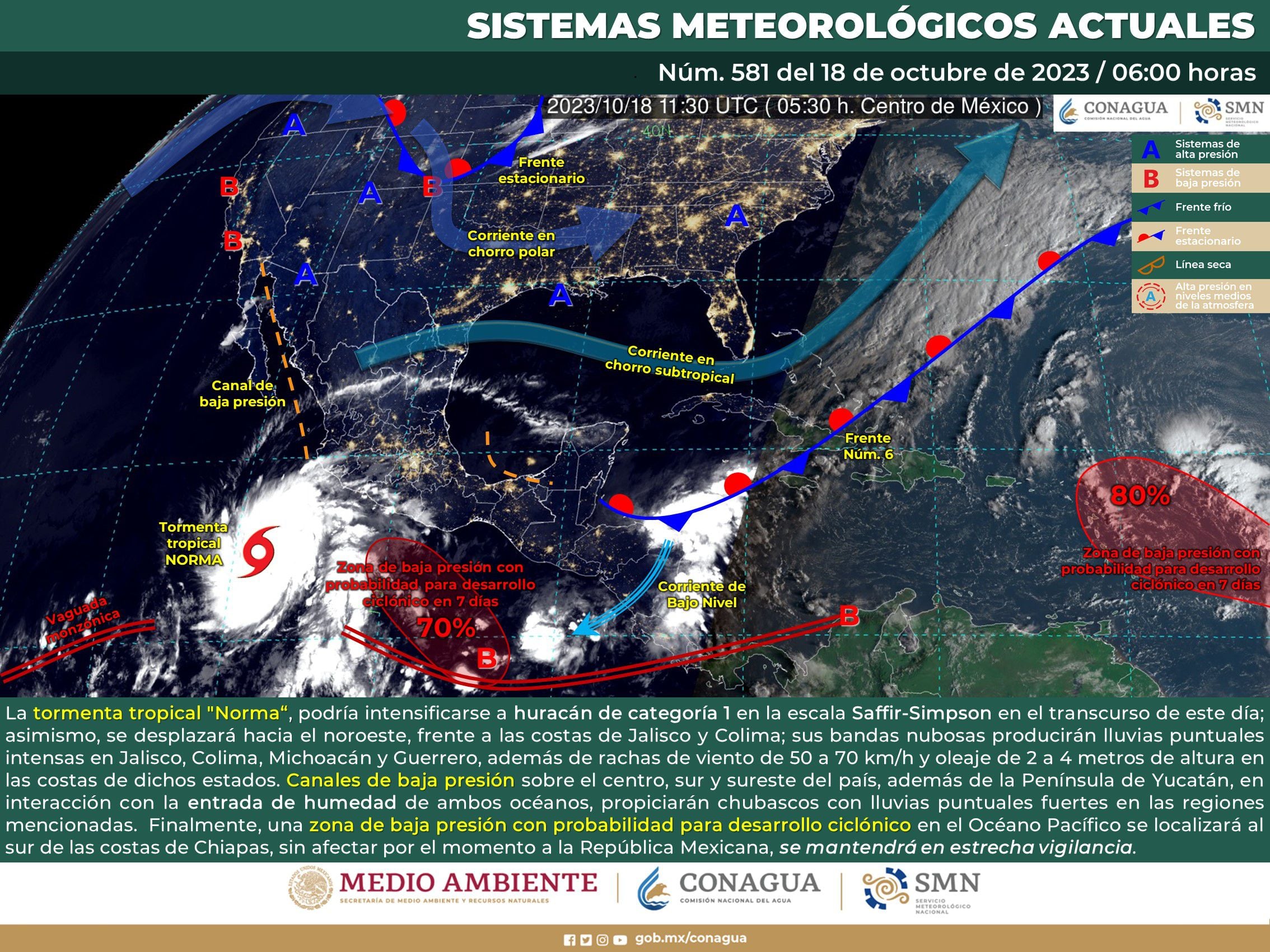 El organismo difundió un mapa con todos los sistemas meteorológicos que actualmente afectan a México. Foto: SMN