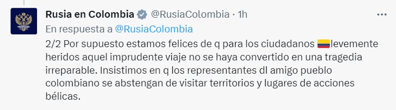 La Embajada de Rusia en Colombia tildó de "imprudente" el viaje del escritor Héctor Abad Faciolince, el excomisionado de paz Sergio Jaramillo, y la periodista Catalina Gómez a Ucrania. Foto: @RusiaColombia/ Twitter