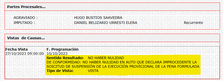 Sala Penal Transitoria rechaza suspender sentencia contra Daniel Urresti.