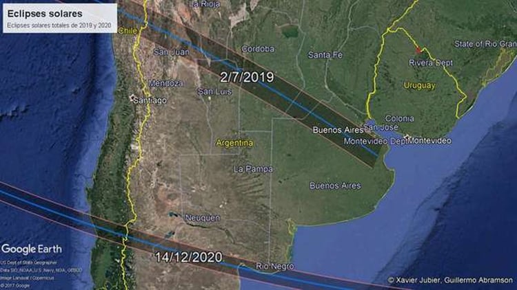 Los eclipses que transitarán la Argentina y Chile en 2019 y 2019. Crédito: Guillermo Abramson y Xavier Jubier