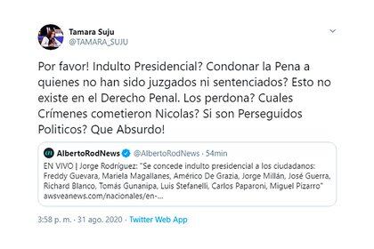 El descargo de Tamara Suju en su cuenta de Twitter