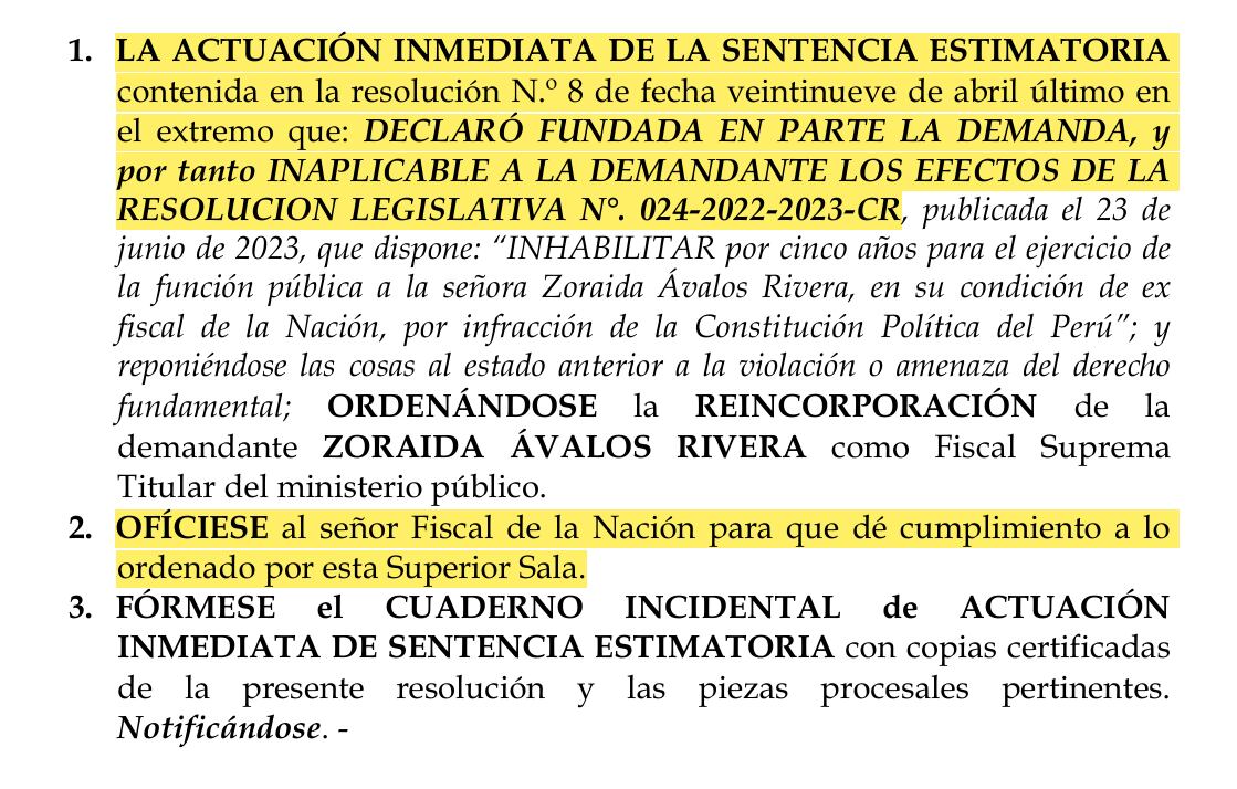 Resolución que ordena la actuación inmediata de la sentencia a favor de Zoraida Ávalos