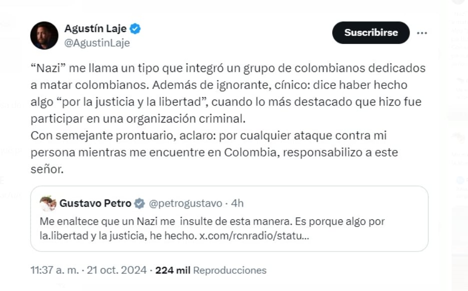 El escritor Agustín Laje responsabilizó al presidente Petro de cualquier incidente que pueda ocurrirle mientras esté en el país - crédito @AgustinLaje/X