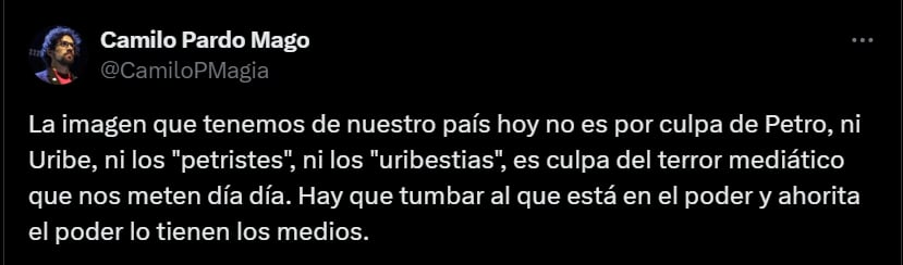 Camilo Pardo señala a medios por "terror mediático" - crédito @CamiloPMagia/X