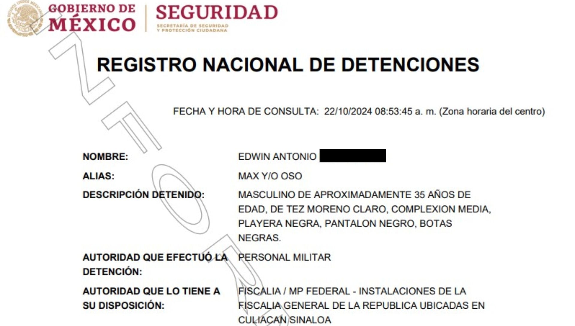 Ficha de detención de Edwin Antonio 