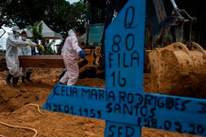 Varias personas asisten al funeral de una víctima de la covid-19 en el Cementerio de Nossa Senhora Aparecida, en Manaos, Amazonas, Brasil, el 1 de marzo de 2021. EFE/Raphael Alves
