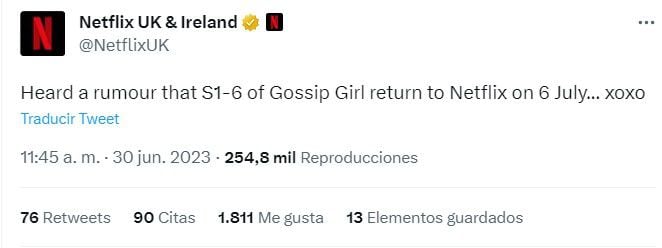 Así se comunicó el retorno de "Gossip Girl" a Netflix. (Twitter/@NetflixUK)