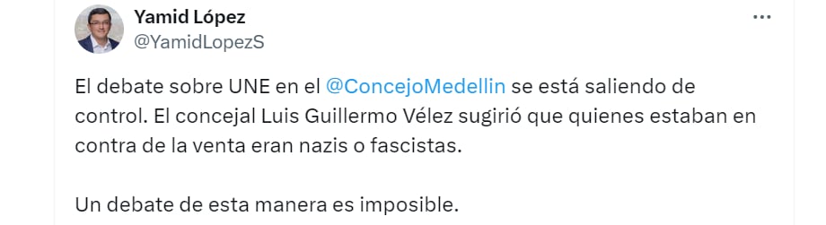 Versión sobre declaraciones del concejal paisa Luis Guillermo Vélez - @YamidLopezS/X