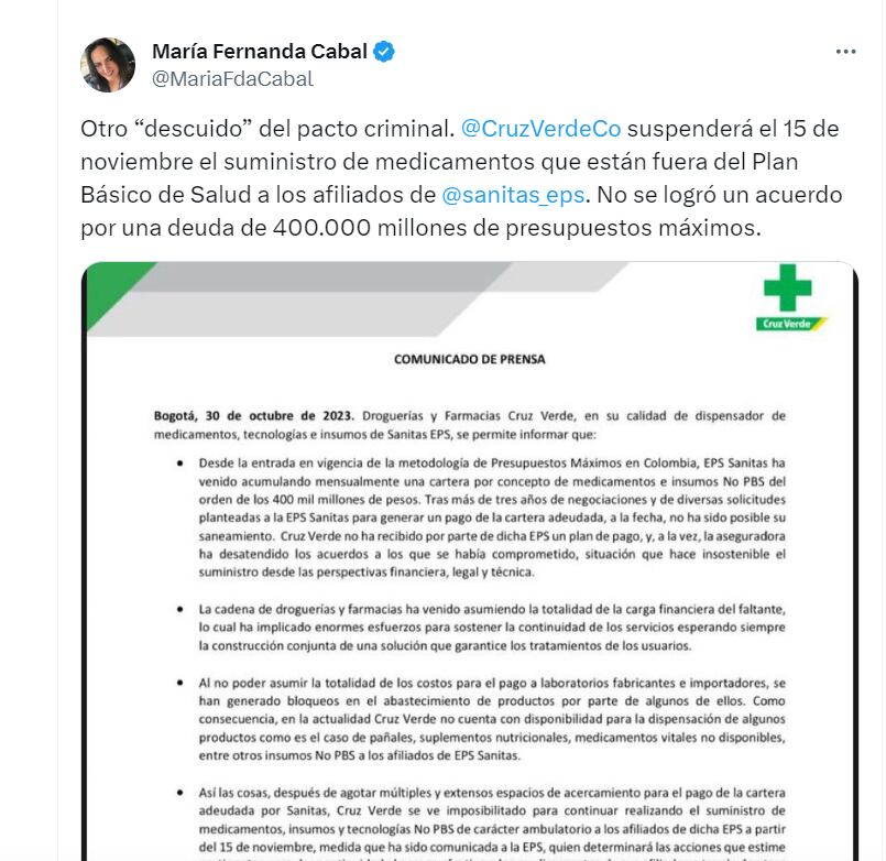 María Fernanda Cabal  opina de lo comunicado por la EPS Cruz Verde - crédito @MariafdaCabal/cuenta X