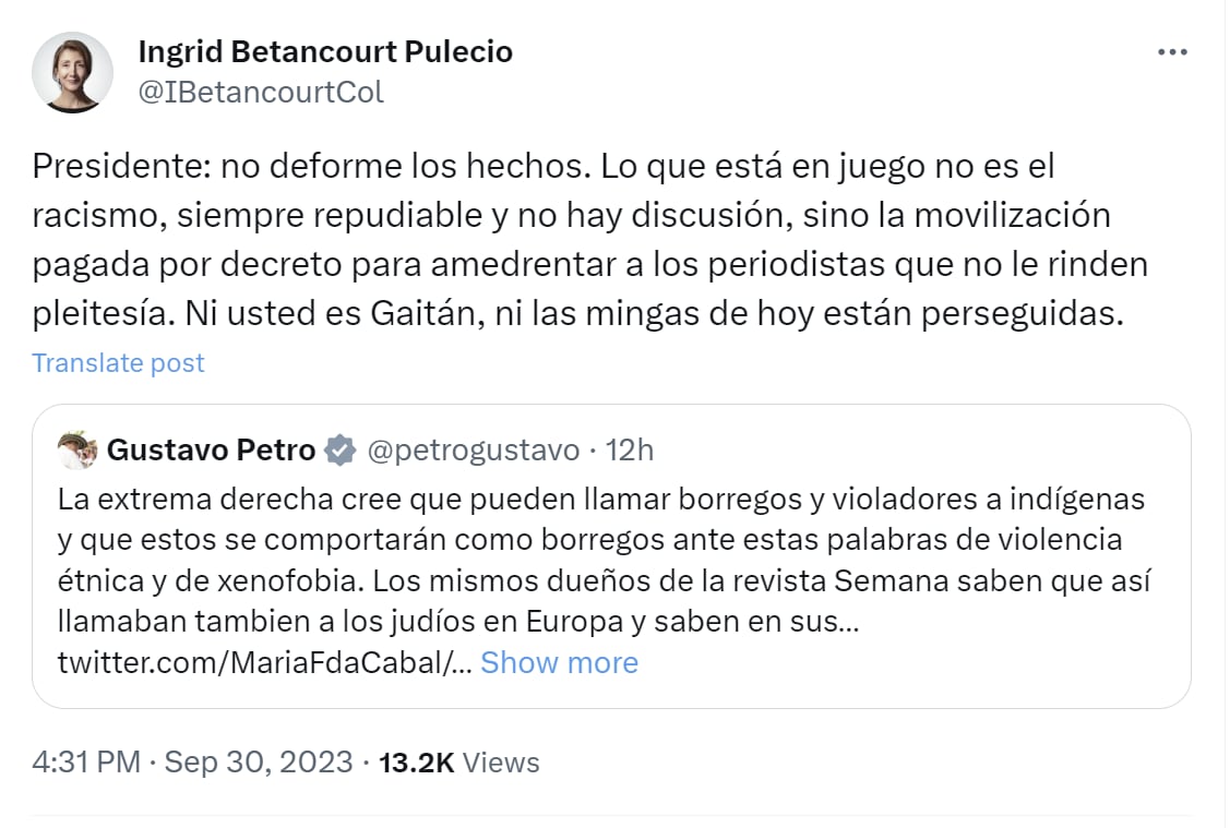 Íngrid Betancourt arremetió contra Gustavo Petro por comentario sobre ataque a Semana en el que mencionó a Gaitán y a los Nazis - crédito Íngrid Betancourt/X