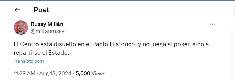 Russy Millán dijo que el centro político se encontraba dentro del Pacto Histórico - crédito @millanrussy