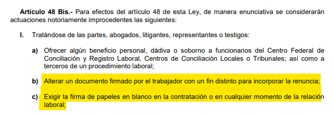 El Artículo 48 bis d ela Ley Federal del Trabajo señala que es ilegal obligar a firmar documentos en blanco. FOTO: LFT